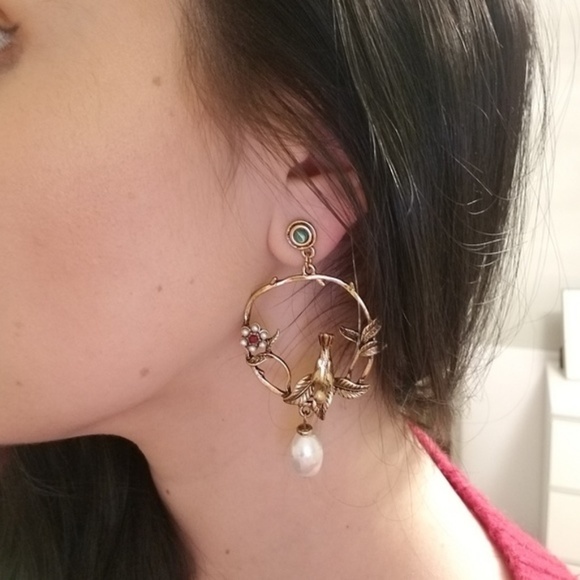 Gold Autumn Bird Flower Pearl Round Drop Earrings - Picture 3 of 3